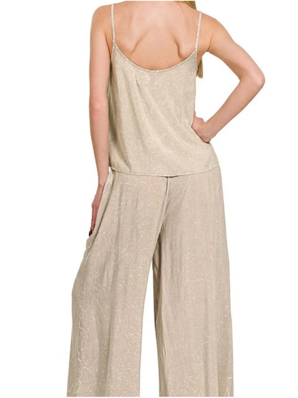 Zenana Crinkle Wash Cami & Pant Set w/ Pockets -Ash Mocha - Picture 2 of 2